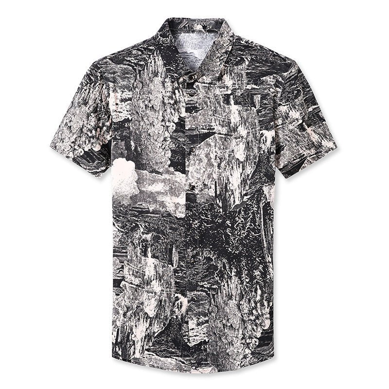 Camisas de seda para hombre Camisa de vestir de seda con botones en la parte delantera y estampado abstracto de manga corta - Imagen 7