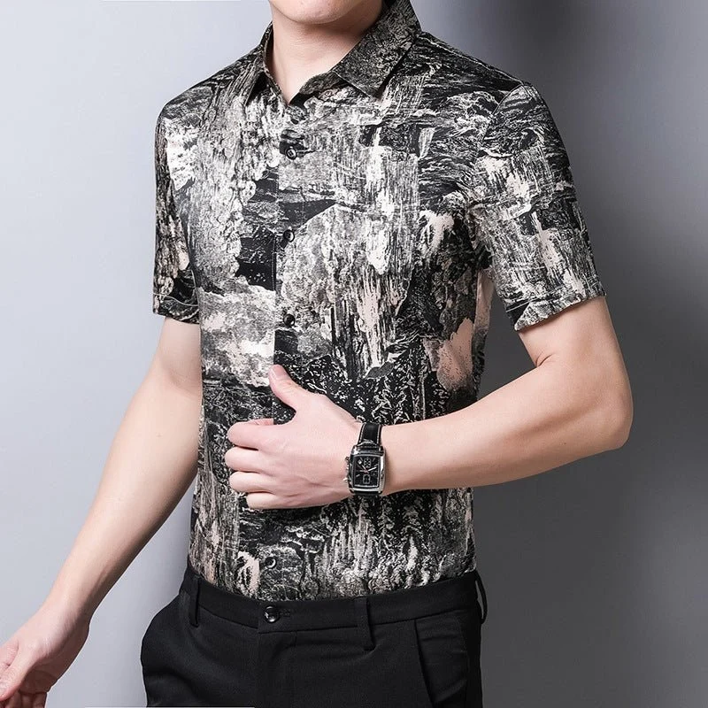 Camisas de seda para hombre Camisa de vestir de seda con botones en la parte delantera y estampado abstracto de manga corta - Imagen 4