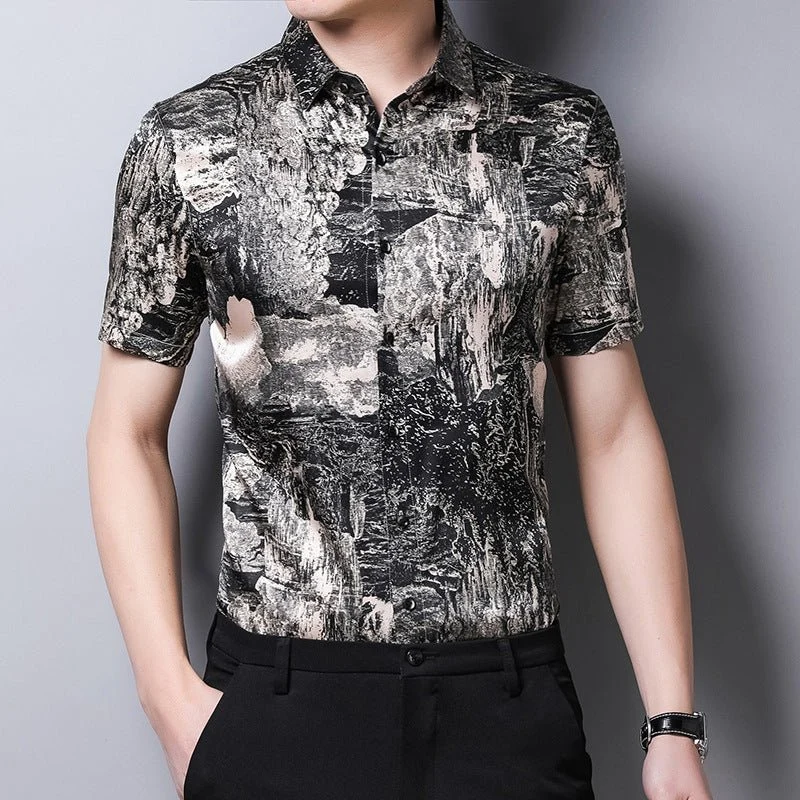 Camisas de seda para hombre Camisa de vestir de seda con botones en la parte delantera y estampado abstracto de manga corta - Imagen 2
