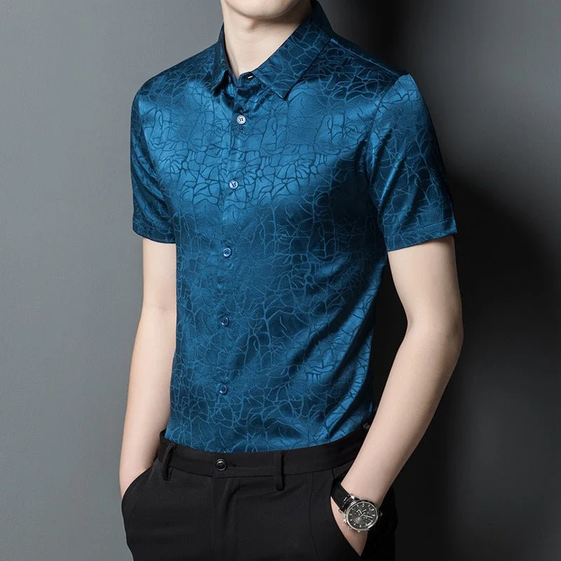 Camisas de seda para hombre Camisa de vestir de seda con patrón texturizado abstracto de manga corta - Imagen 5