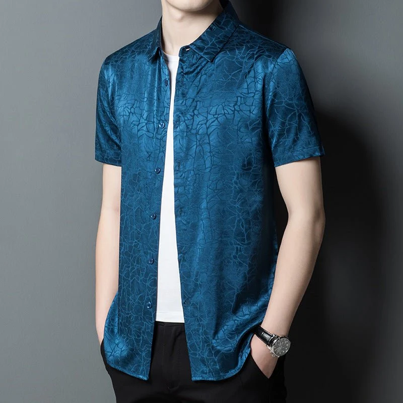 Camisas de seda para hombre Camisa de vestir de seda con patrón texturizado abstracto de manga corta - Imagen 7
