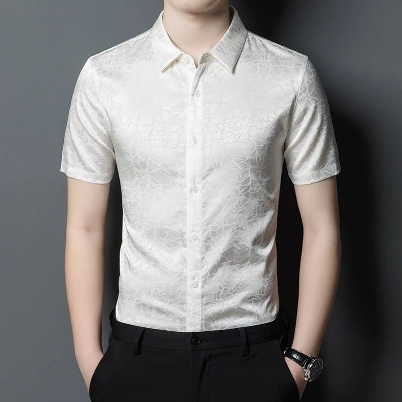 Camisas de seda para hombre Camisa de vestir de seda con patrón texturizado abstracto de manga corta - Imagen 3