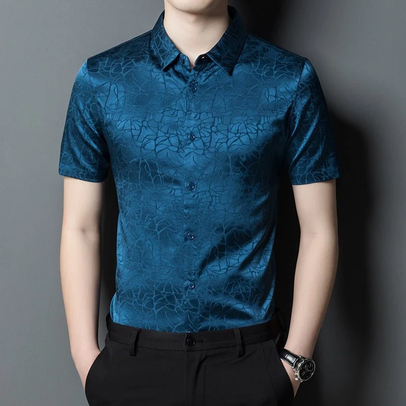 Camisas de seda para hombre Camisa de vestir de seda con patrón texturizado abstracto de manga corta - Imagen 6