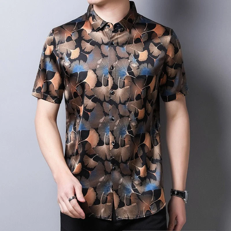 Camisa floral de seda morera para hombre Camisa con botones de seda con estampado de hojas de Ginkgo - Imagen 3