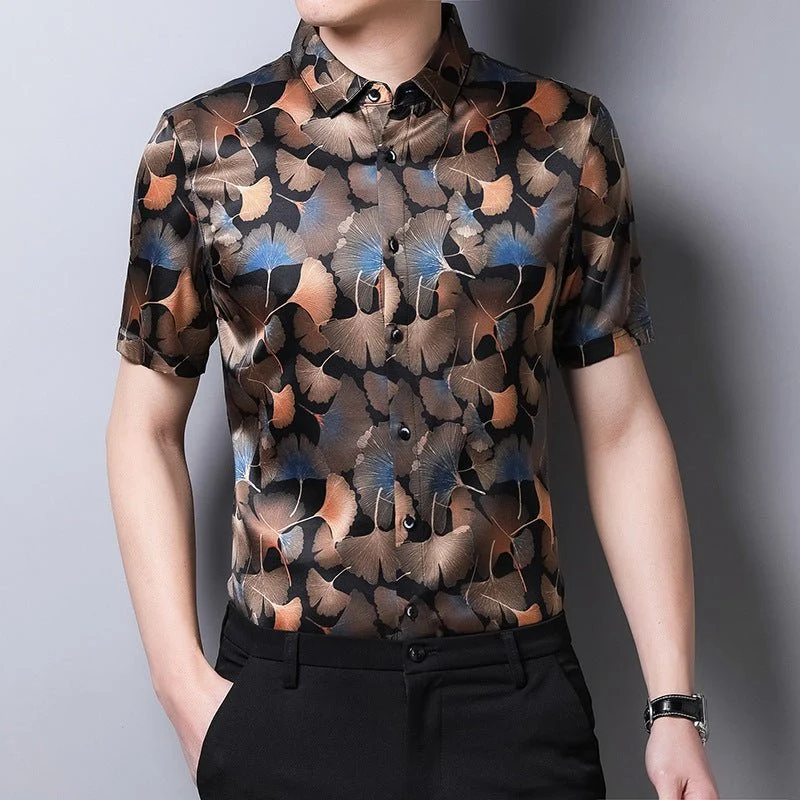Camisa floral de seda morera para hombre Camisa con botones de seda con estampado de hojas de Ginkgo - Imagen 5