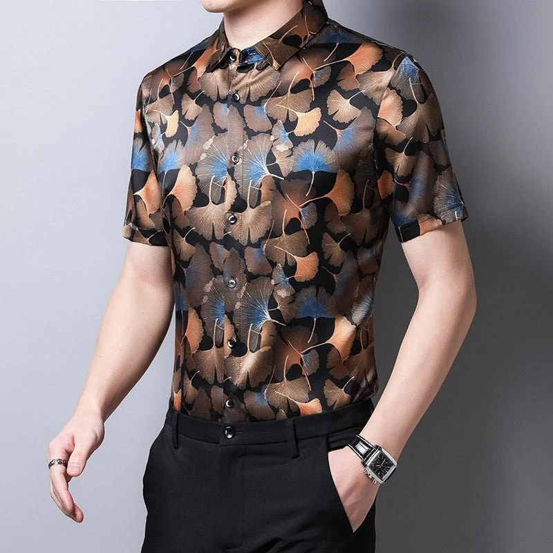 Camisa floral de seda morera para hombre Camisa con botones de seda con estampado de hojas de Ginkgo - Imagen 4
