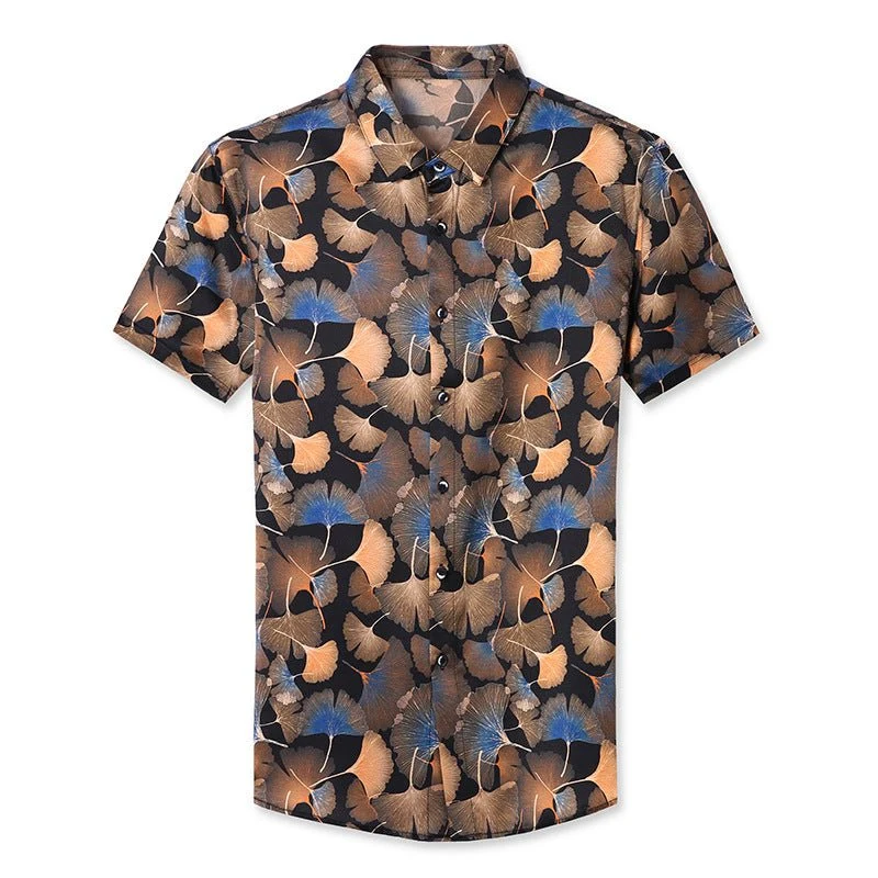 Camisa floral de seda morera para hombre Camisa con botones de seda con estampado de hojas de Ginkgo - Imagen 6