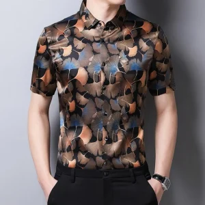 Camisa floral de seda morera para hombre Camisa con botones de seda con estampado de hojas de Ginkgo