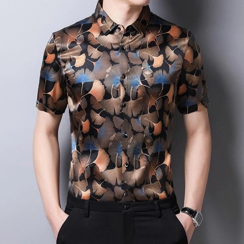 Camisa floral de seda morera para hombre Camisa con botones de seda con estampado de hojas de Ginkgo