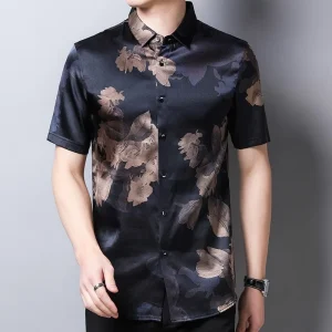 Camisa ligera de seda floral de verano Camisa de seda morera de manga corta