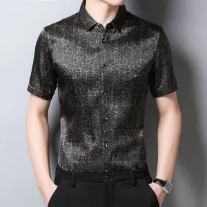 Camisas de seda para hombre Camisa de vestir de seda con textura de bronce craquelado de manga corta