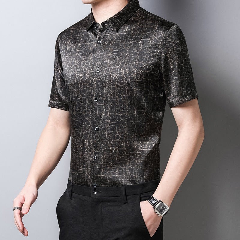 Camisas de seda para hombre Camisa de vestir de seda con textura de bronce craquelado de manga corta - Imagen 4