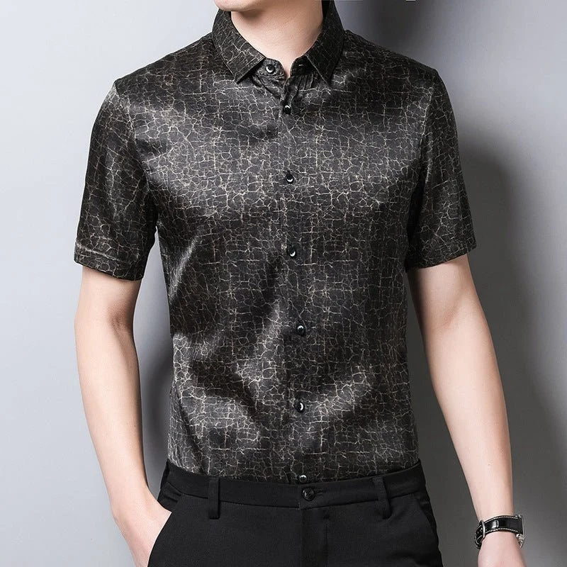 Camisas de seda para hombre Camisa de vestir de seda con textura de bronce craquelado de manga corta - Imagen 3