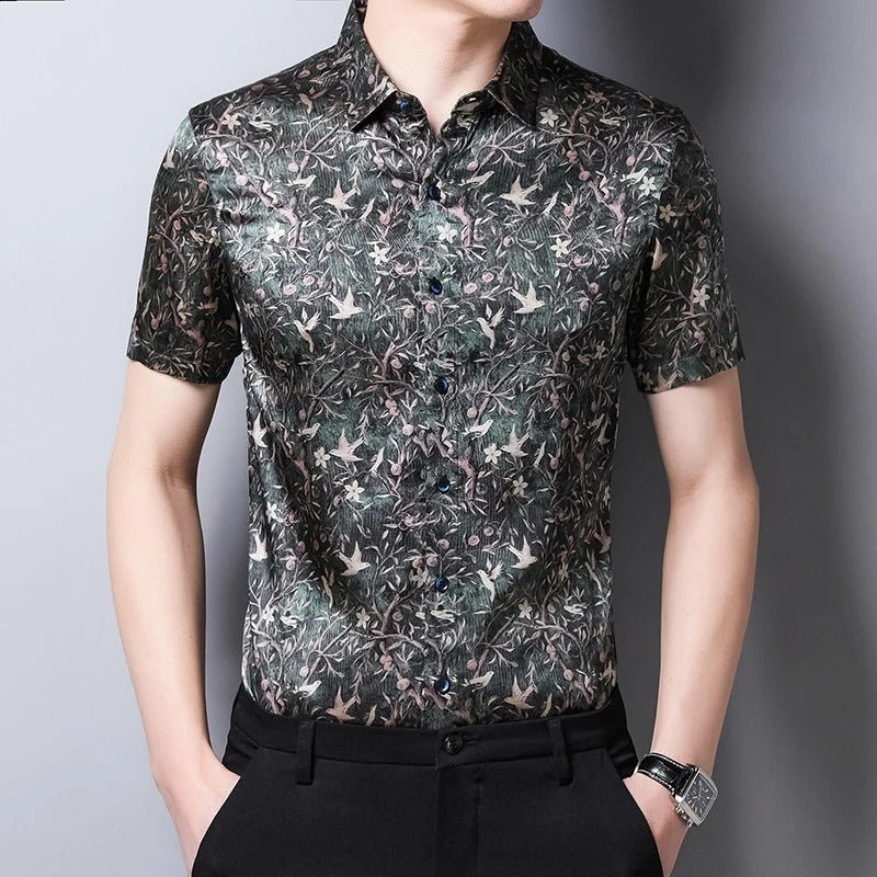 Camisas de seda para hombre Camisa de vestir de seda con estampado floral y pájaros del bosque de manga corta - Imagen 2