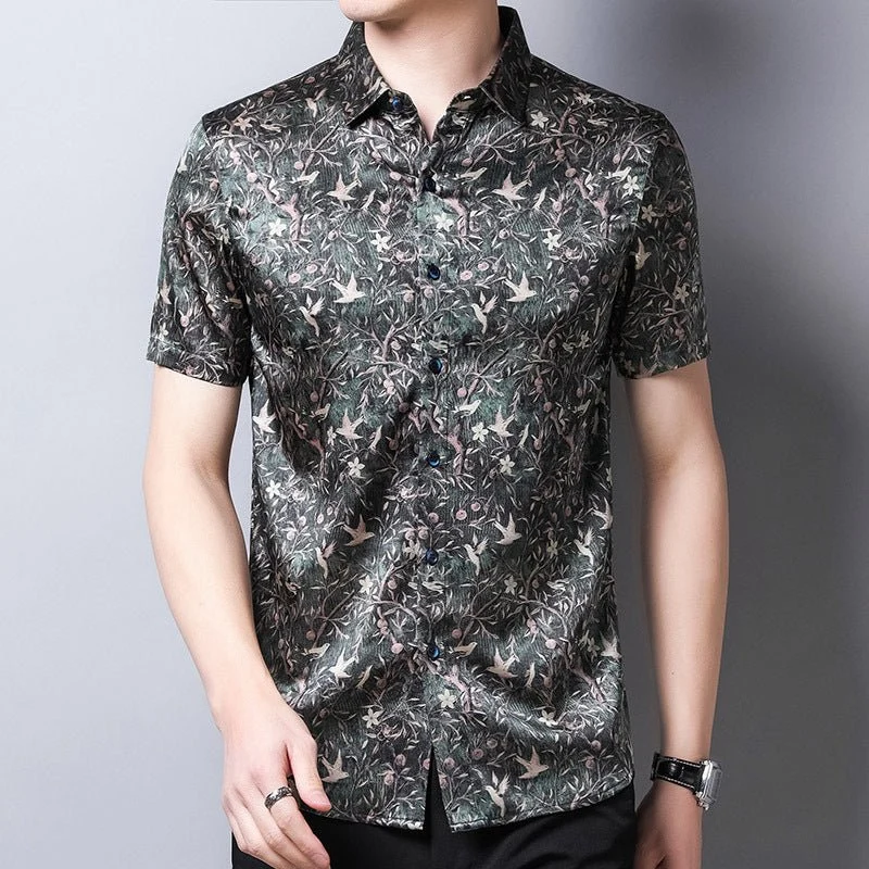 Camisas de seda para hombre Camisa de vestir de seda con estampado floral y pájaros del bosque de manga corta - Imagen 4