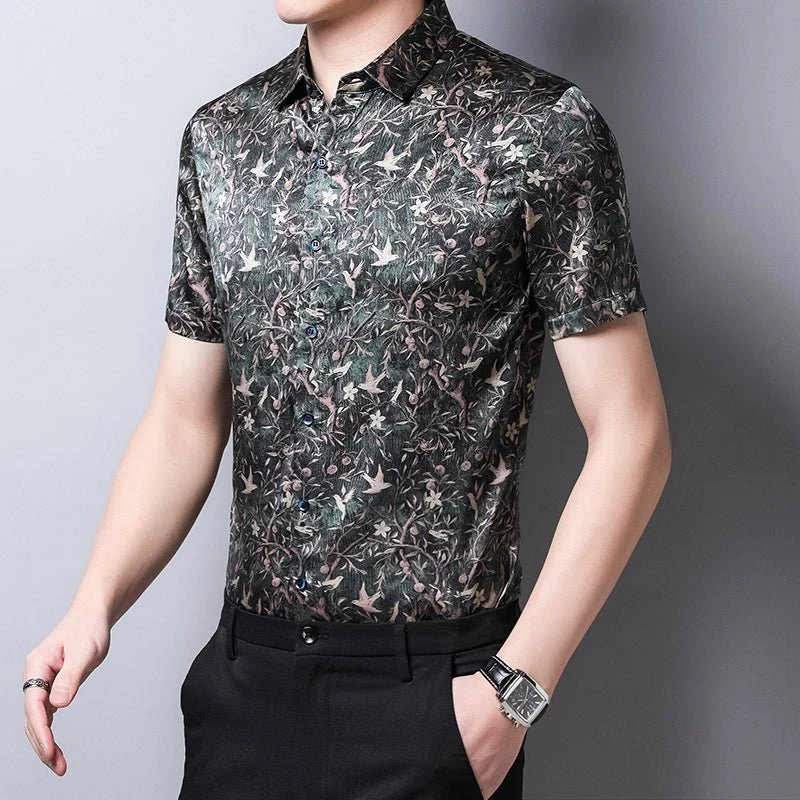 Camisas de seda para hombre Camisa de vestir de seda con estampado floral y pájaros del bosque de manga corta - Imagen 3