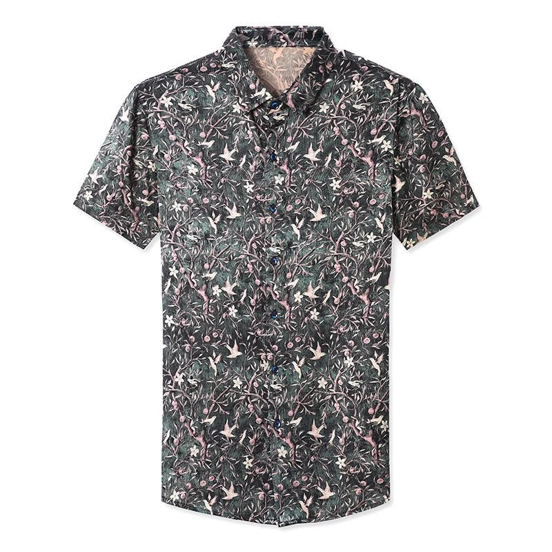 Camisas de seda para hombre Camisa de vestir de seda con estampado floral y pájaros del bosque de manga corta - Imagen 6