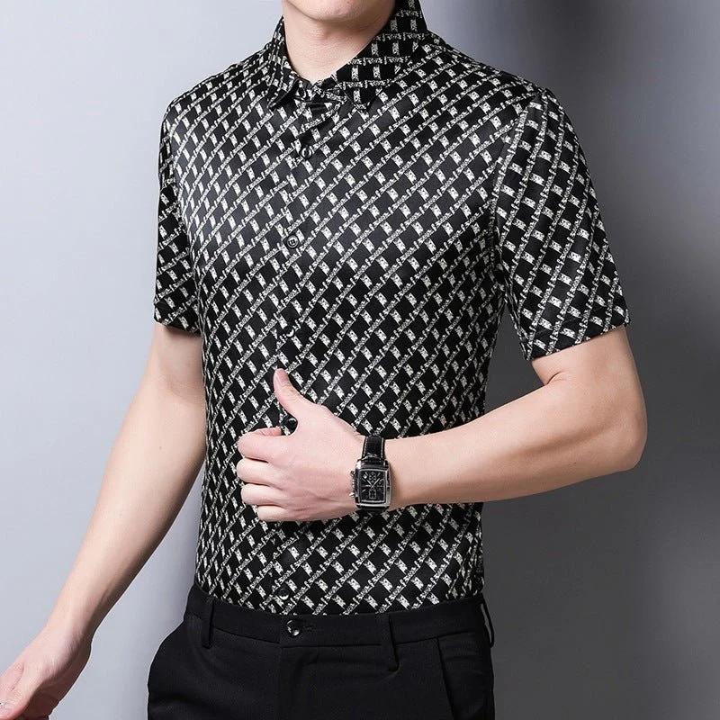 Camisas de seda para hombre Camisa de vestir de seda con estampado de cuadrícula geométrica de manga corta - Imagen 4
