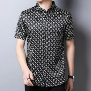 Camisas de seda para hombre Camisa de vestir de seda con estampado de cuadrícula geométrica de manga corta