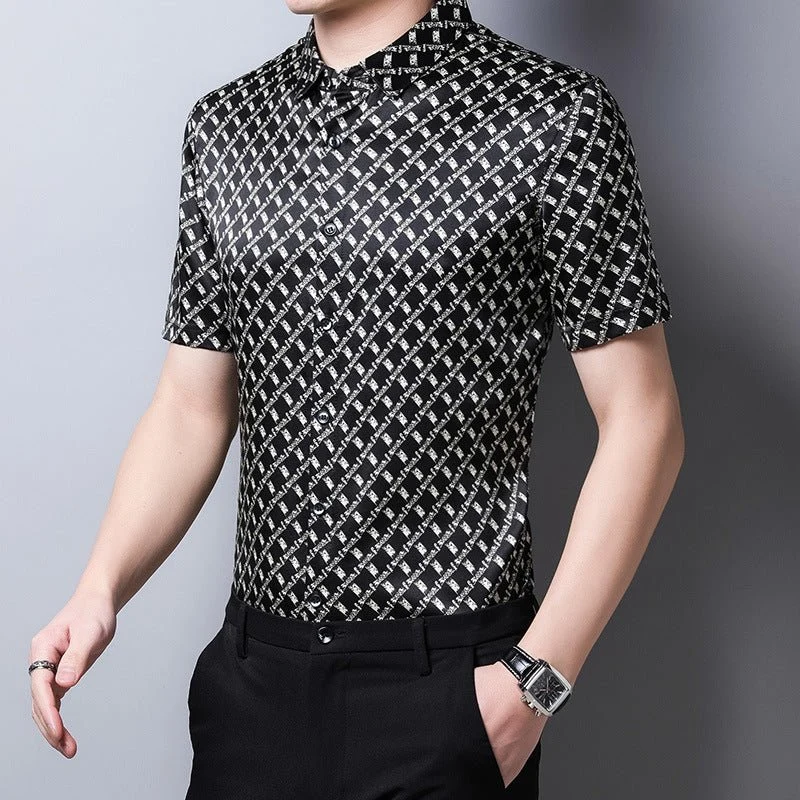Camisas de seda para hombre Camisa de vestir de seda con estampado de cuadrícula geométrica de manga corta - Imagen 6