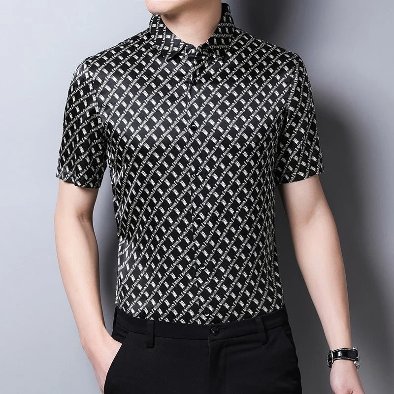Camisas de seda para hombre Camisa de vestir de seda con estampado de cuadrícula geométrica de manga corta - Imagen 5