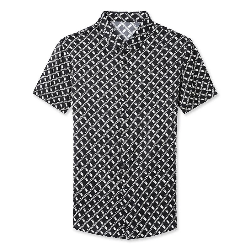 Camisas de seda para hombre Camisa de vestir de seda con estampado de cuadrícula geométrica de manga corta - Imagen 7