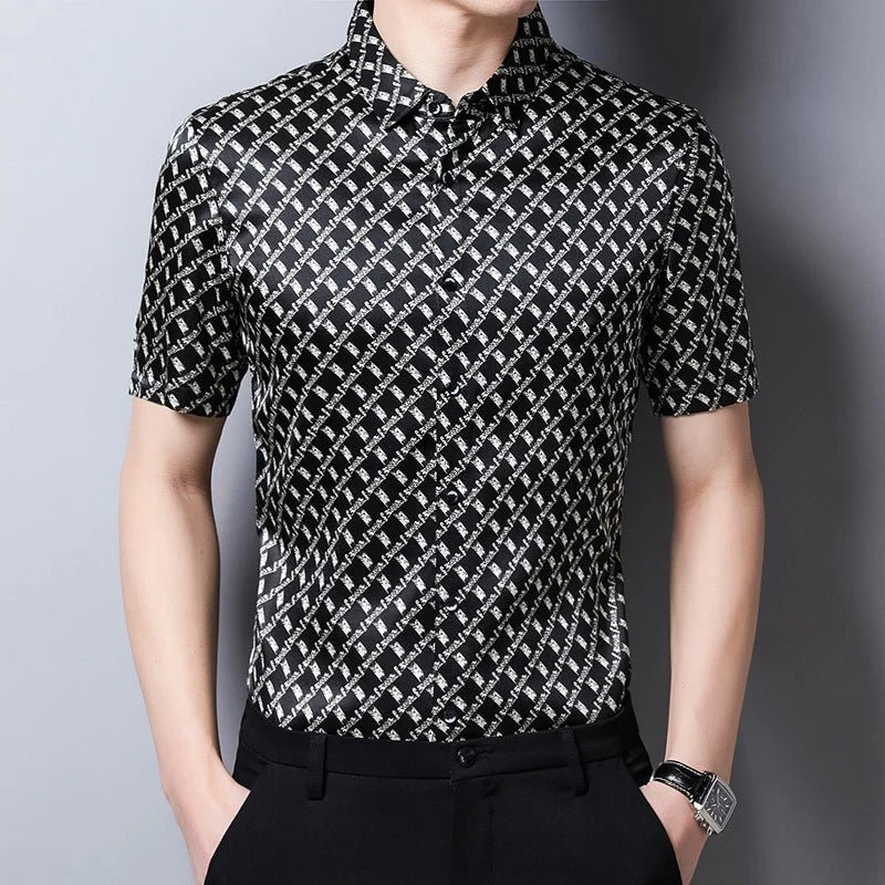 Camisas de seda para hombre Camisa de vestir de seda con estampado de cuadrícula geométrica de manga corta - Imagen 3