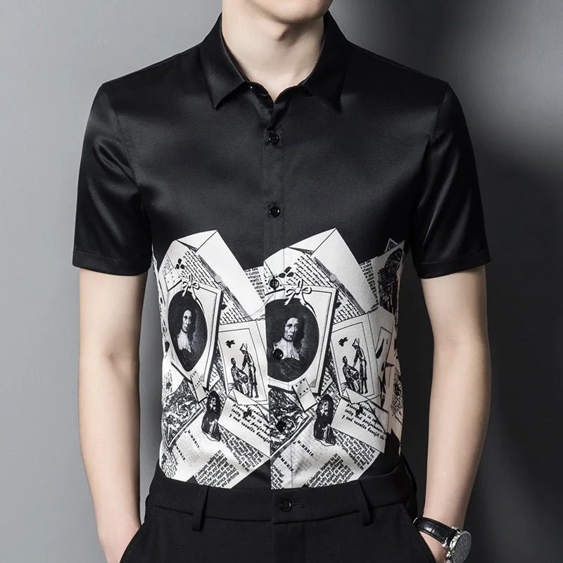 Camisas de seda para hombre Camisa de vestir de seda con estampado gráfico vintage monocromático de manga corta - Imagen 4