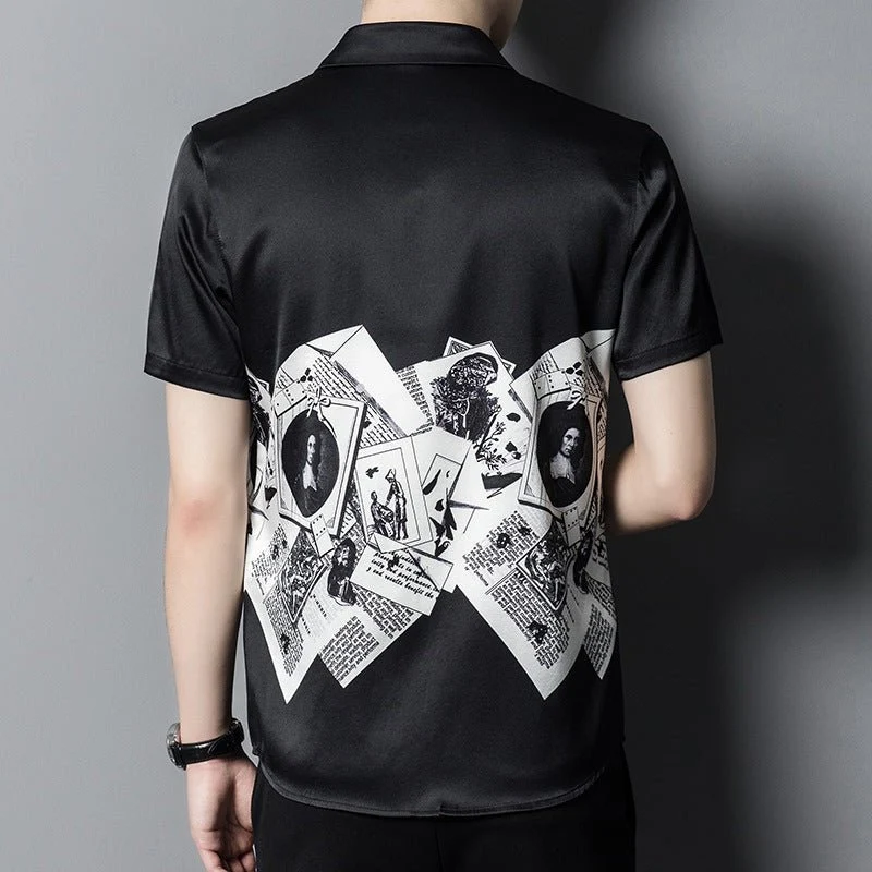 Camisas de seda para hombre Camisa de vestir de seda con estampado gráfico vintage monocromático de manga corta - Imagen 5