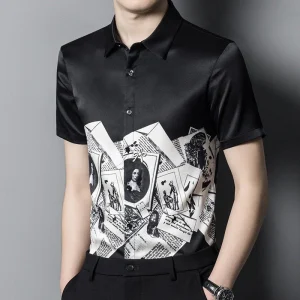 Camisas de seda para hombre Camisa de vestir de seda con estampado gráfico vintage monocromático de manga corta