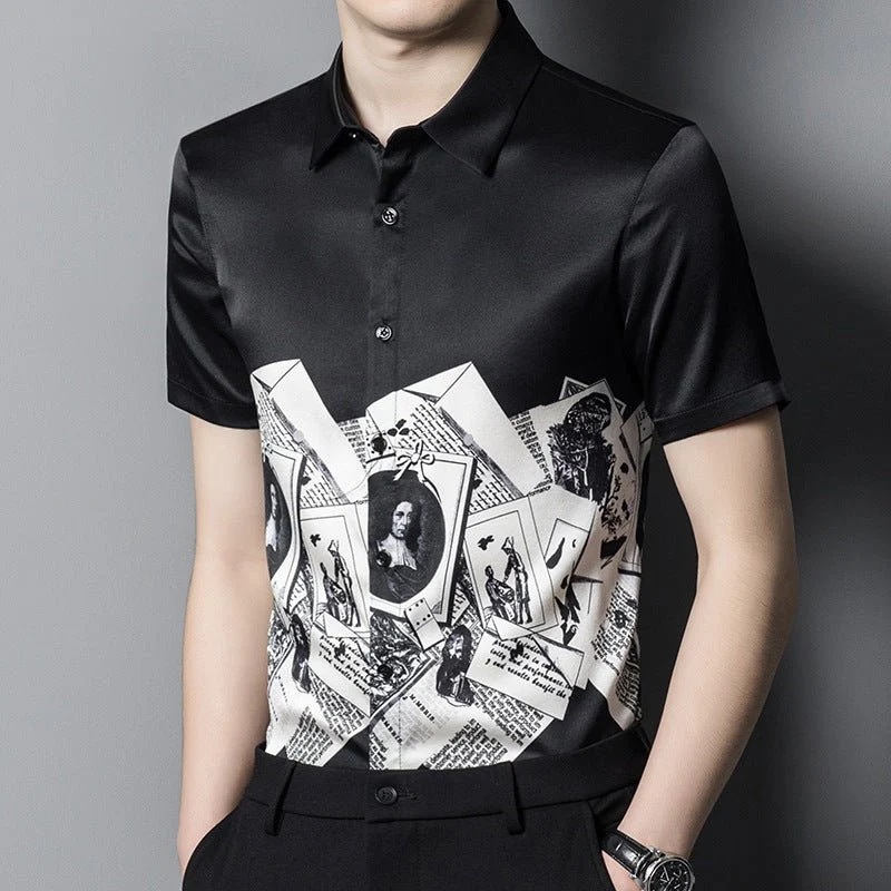 Camisas de seda para hombre Camisa de vestir de seda con estampado gráfico vintage monocromático de manga corta