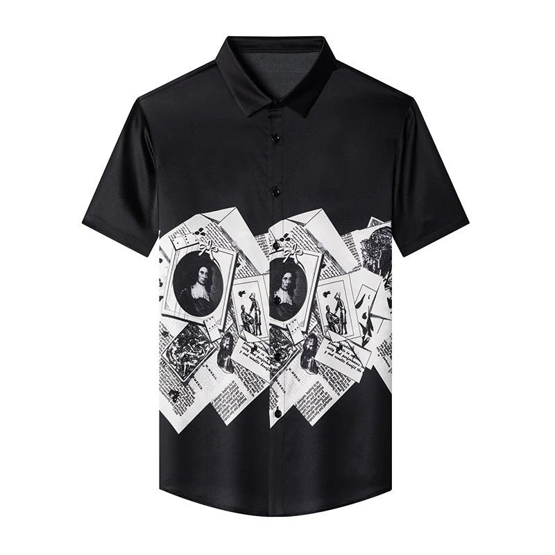 Camisas de seda para hombre Camisa de vestir de seda con estampado gráfico vintage monocromático de manga corta - Imagen 6