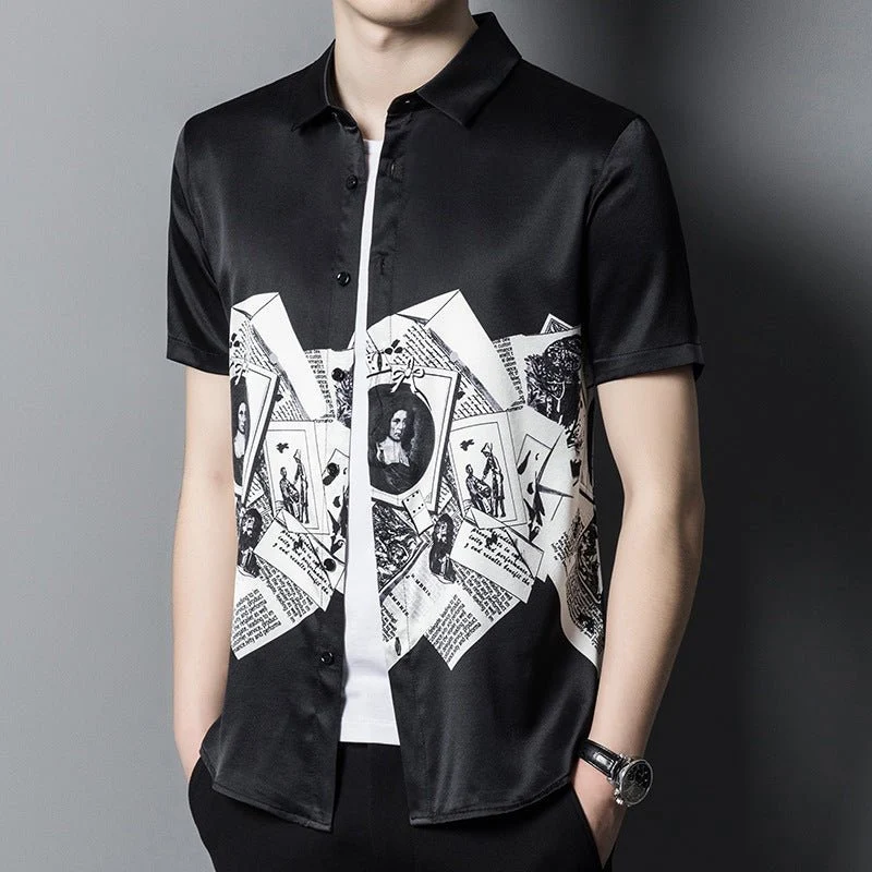 Camisas de seda para hombre Camisa de vestir de seda con estampado gráfico vintage monocromático de manga corta - Imagen 3