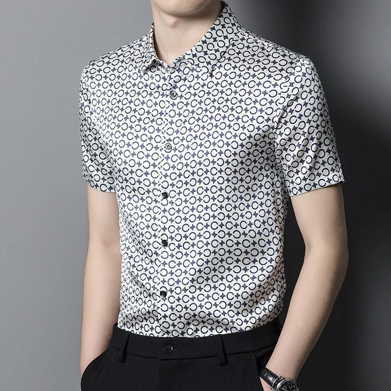 Camisas de seda para hombre Camisa de vestir de seda con estampado geométrico azul marino de manga corta - Imagen 3