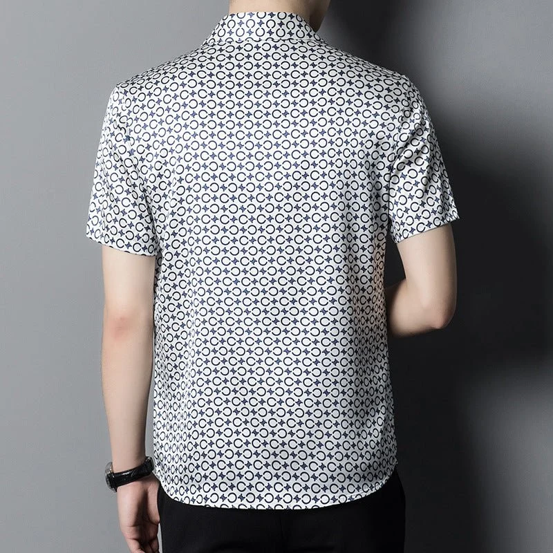 Camisas de seda para hombre Camisa de vestir de seda con estampado geométrico azul marino de manga corta - Imagen 5