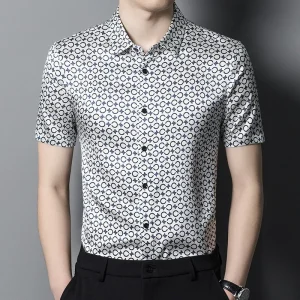 Camisas de seda para hombre Camisa de vestir de seda con estampado geométrico azul marino de manga corta