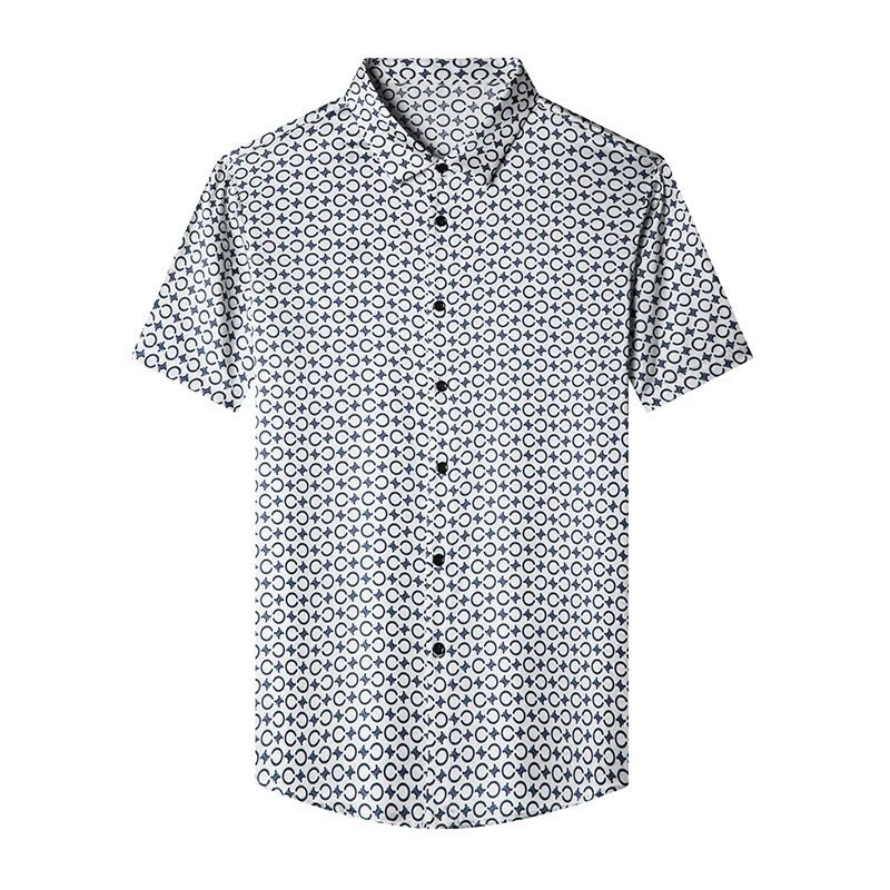 Camisas de seda para hombre Camisa de vestir de seda con estampado geométrico azul marino de manga corta - Imagen 6
