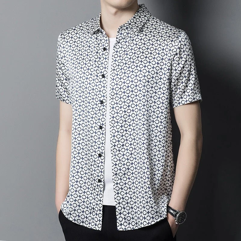 Camisas de seda para hombre Camisa de vestir de seda con estampado geométrico azul marino de manga corta - Imagen 4