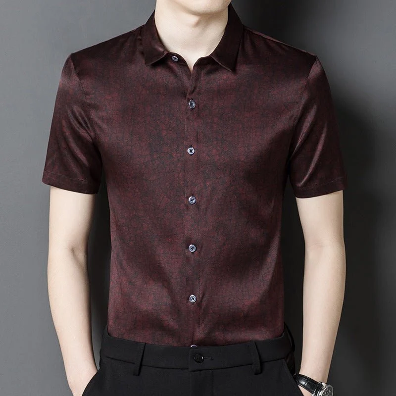 Camisas de seda para hombre Camisa de vestir de seda con patrón texturizado de manga corta - Imagen 6