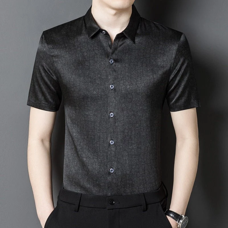 Camisas de seda para hombre Camisa de vestir de seda con patrón texturizado de manga corta - Imagen 8