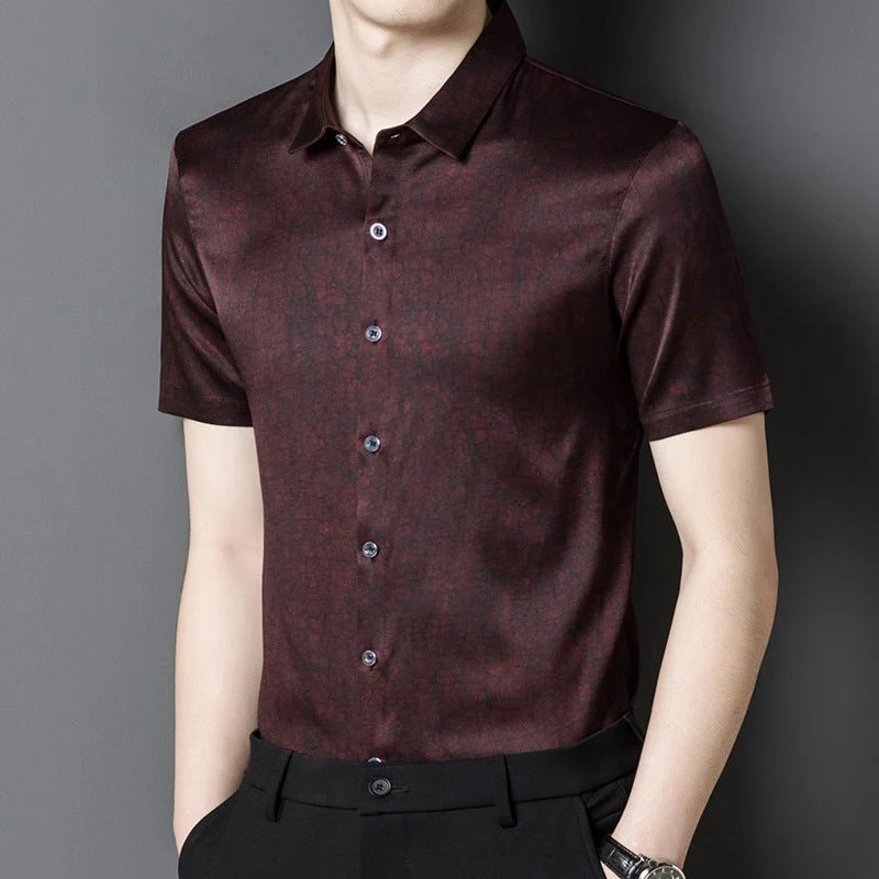 Camisas de seda para hombre Camisa de vestir de seda con patrón texturizado de manga corta - Imagen 7