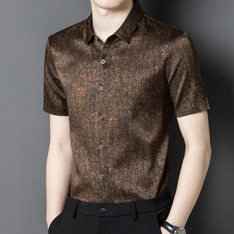 Camisas de seda para hombre Camisa de vestir de seda con patrón texturizado de manga corta - Imagen 3