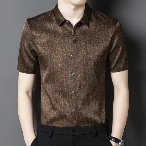 Camisas de seda para hombre Camisa de vestir de seda con patrón texturizado de manga corta