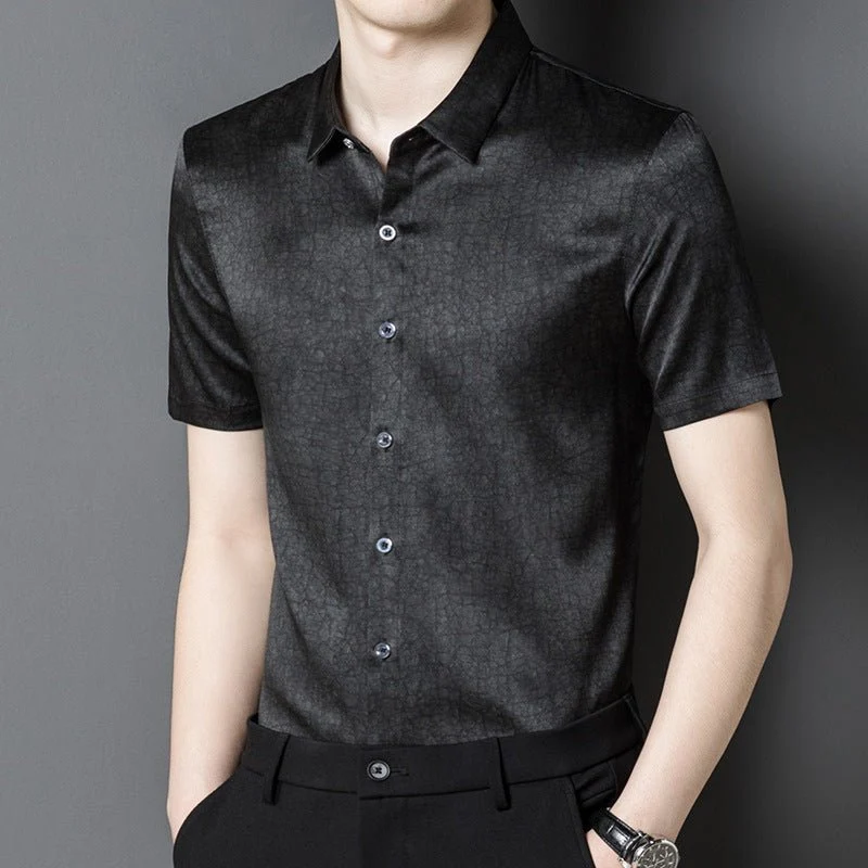 Camisas de seda para hombre Camisa de vestir de seda con patrón texturizado de manga corta - Imagen 9