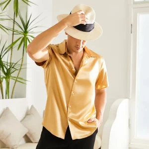 Camisa de seda con botones de manga corta para hombre