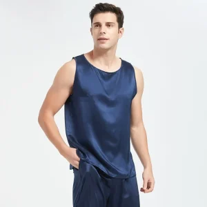 Juego de pijamas de seda sin mangas de seda para hombres