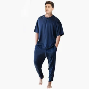 Pollama de seda de cuello de la tripulación masculina Pajama de seda de mangas cortas