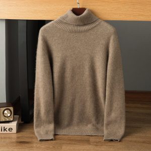 Suéter de cachemira con cuello alto para hombre Jersey cálido de punto acanalado de manga larga