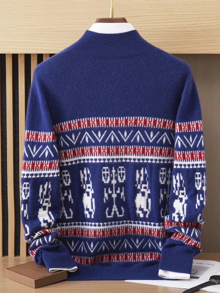 Suéter de cachemira con patrón nórdico para hombre, cuello simulado, manga larga, punto cálido - Imagen 3