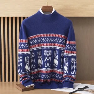 Suéter de cachemira con patrón nórdico para hombre, cuello simulado, manga larga, punto cálido